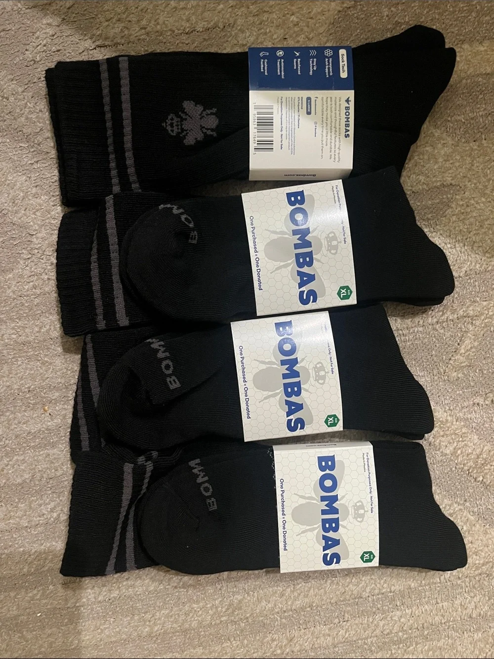 Bombas Men's Athletic Socks in Black with Gray Stripes 4 honeycomb XL